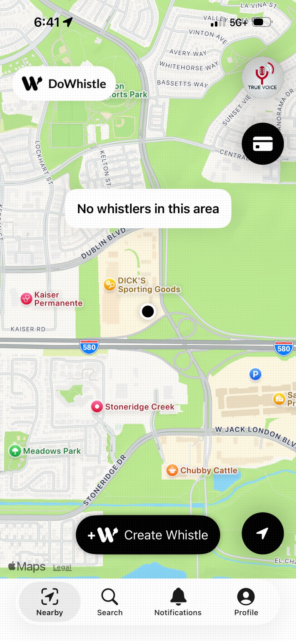 Map with Create Whistle button